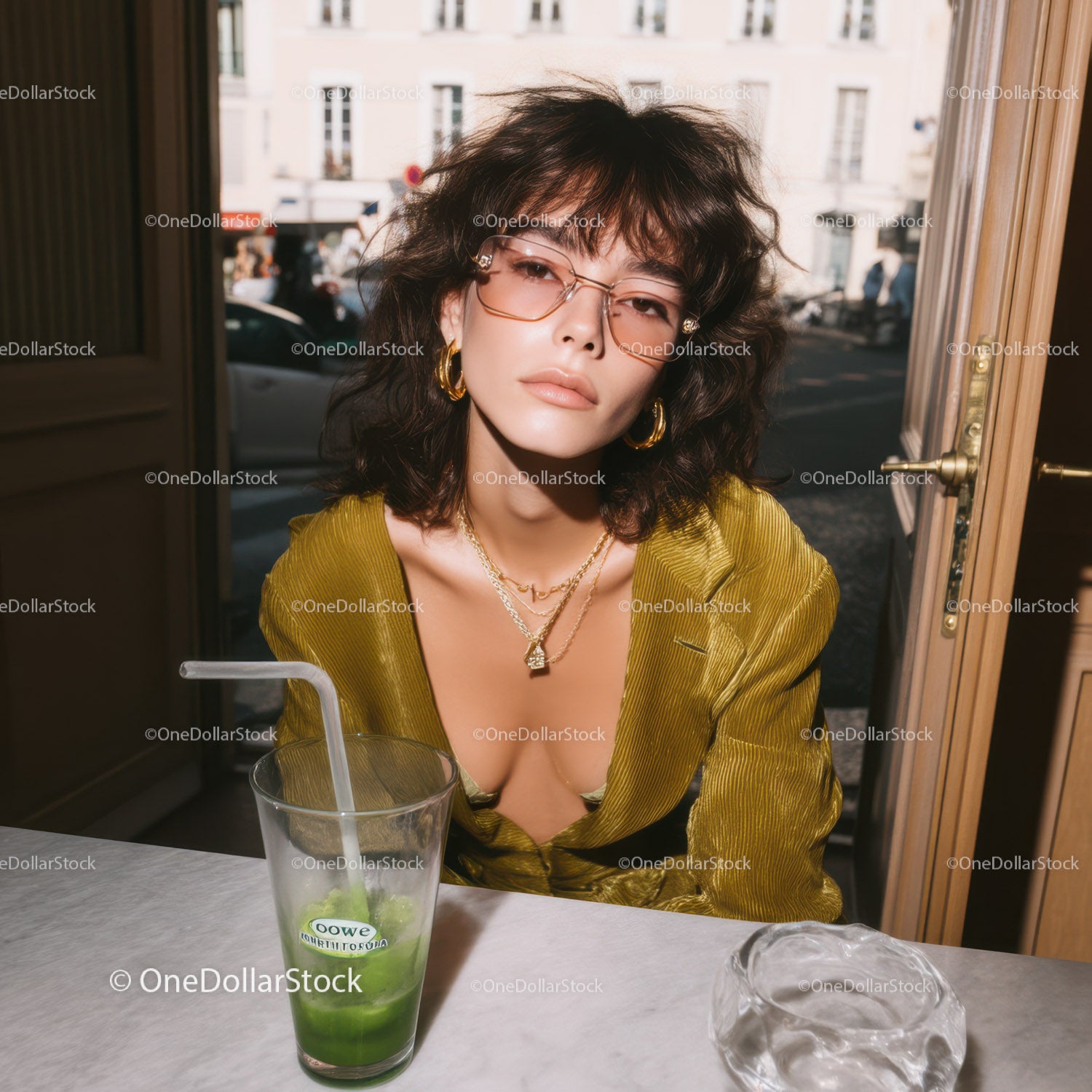 Fashionable Woman in Yellow Silk Blouse and Gold Jewelry Outdoors