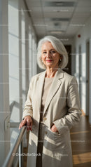 Elegant Senior Woman in Office Hallway Wearing Beige Blazer