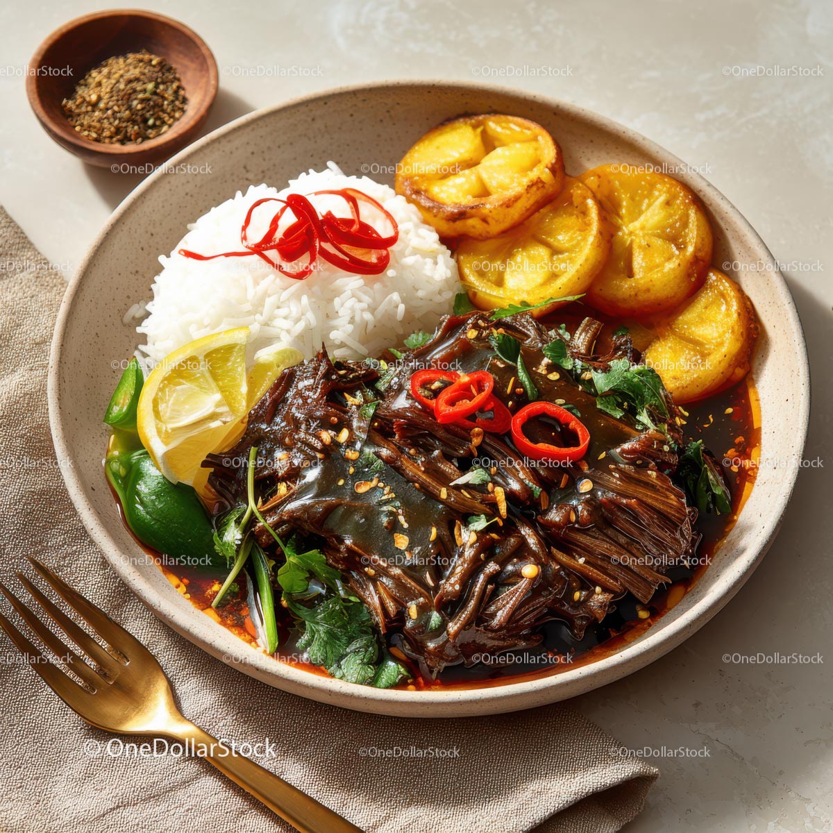 Savory Asian Dish with Rice, Vegetables, and Grilled Plantains