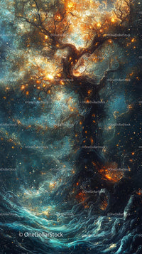 Mystical Tree of the Cosmos with Glowing Starry Branches