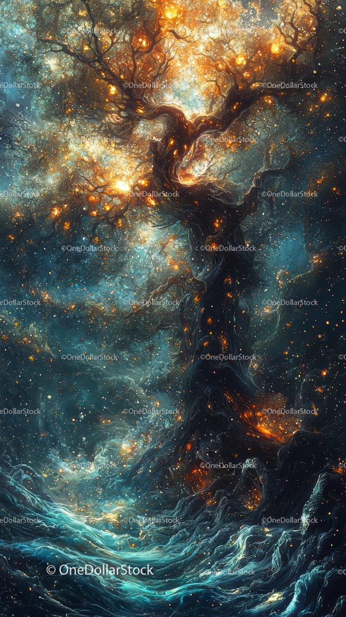 Mistyczne Drzewo Kosmosu z jaskrawo świecącymi, gwiaździstymi gałęziami