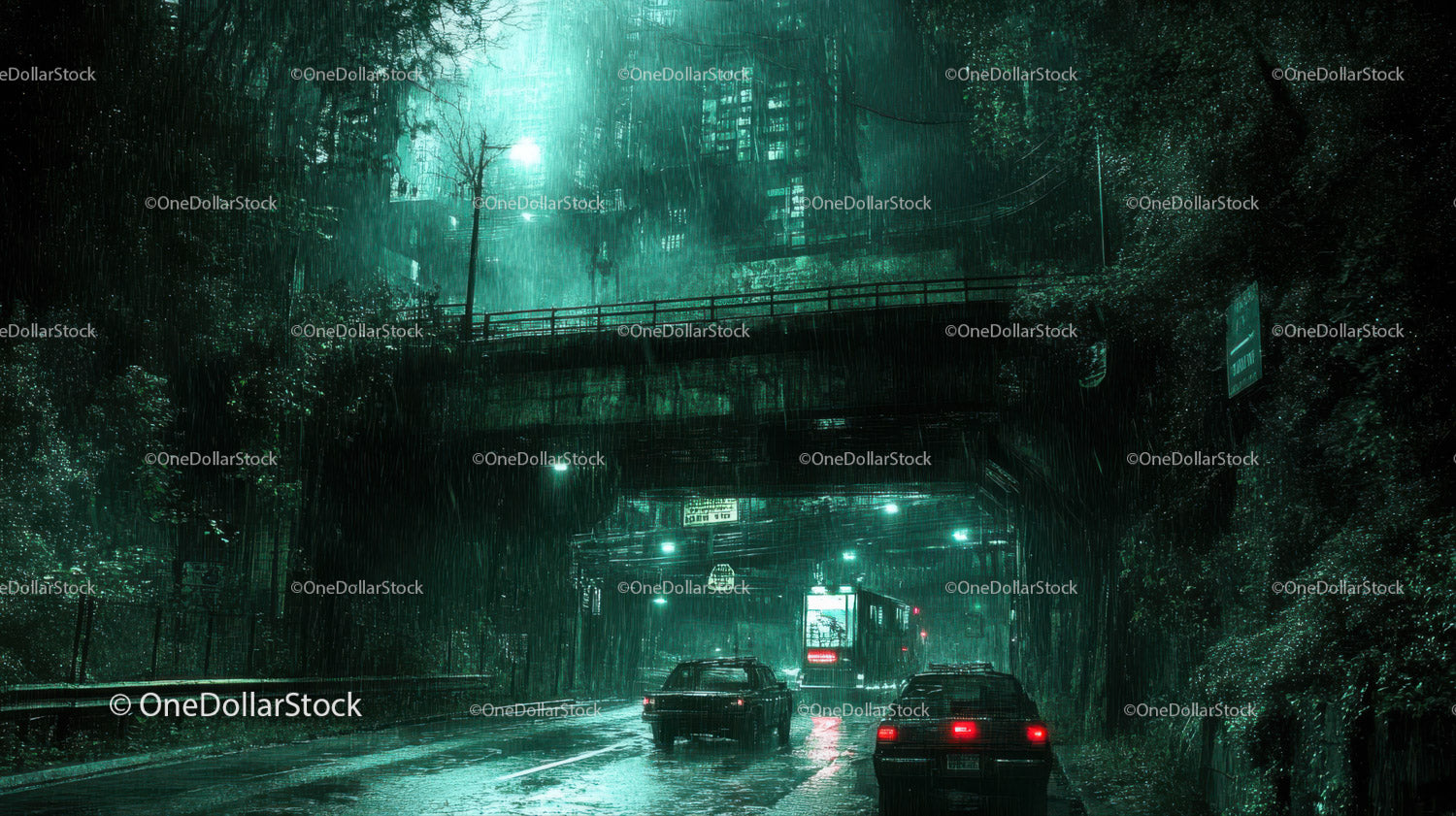 Rainy Night in the City with Wet Roads and Illuminated Traffic