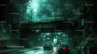 Rainy Night in the City with Wet Roads and Illuminated Traffic
