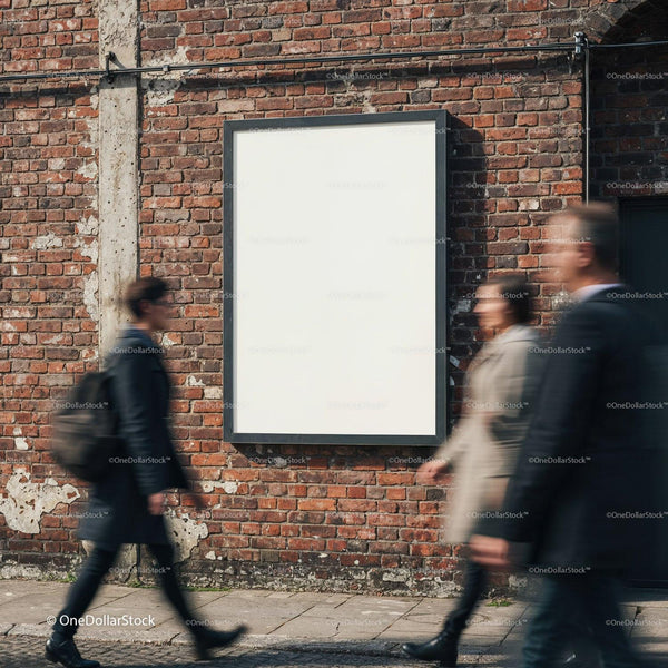 Busy urban street with blank billboard on brick wall JPG Mockup Image