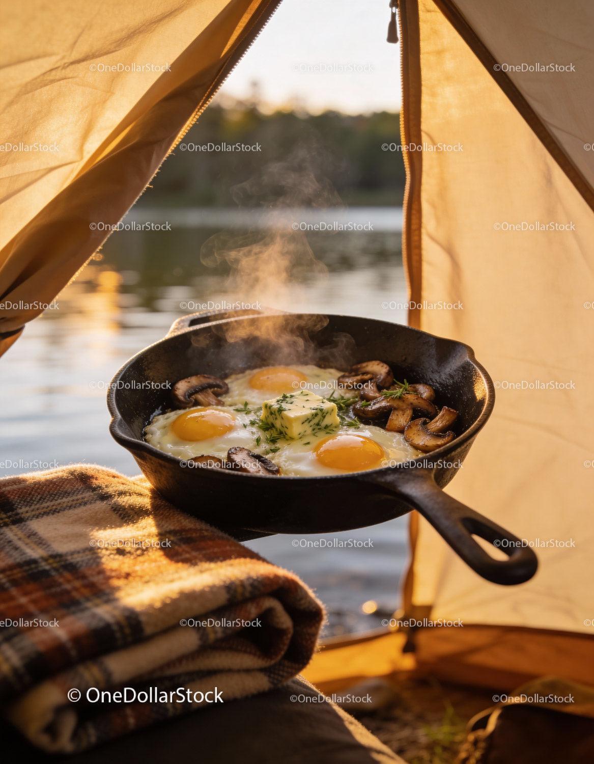Freshly cooked eggs and mushrooms with herb butter outdoors