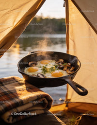 Freshly cooked eggs and mushrooms with herb butter outdoors