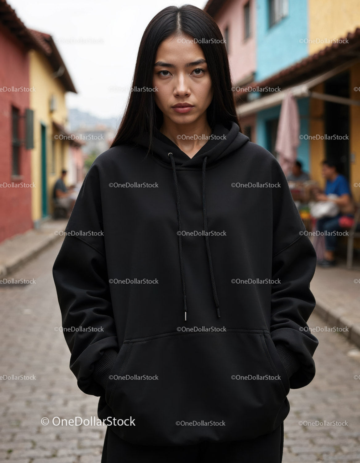 Fashionable Woman Wearing Black Hoodie in Urban City Street