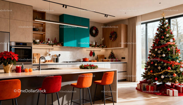 Modern kitchen decorated for cozy Christmas celebration