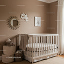 Cozy Baby Nursery with Beige Wall Art and Minimalist Decor
