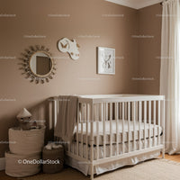 Cozy Baby Nursery with Beige Wall Art and Minimalist Decor