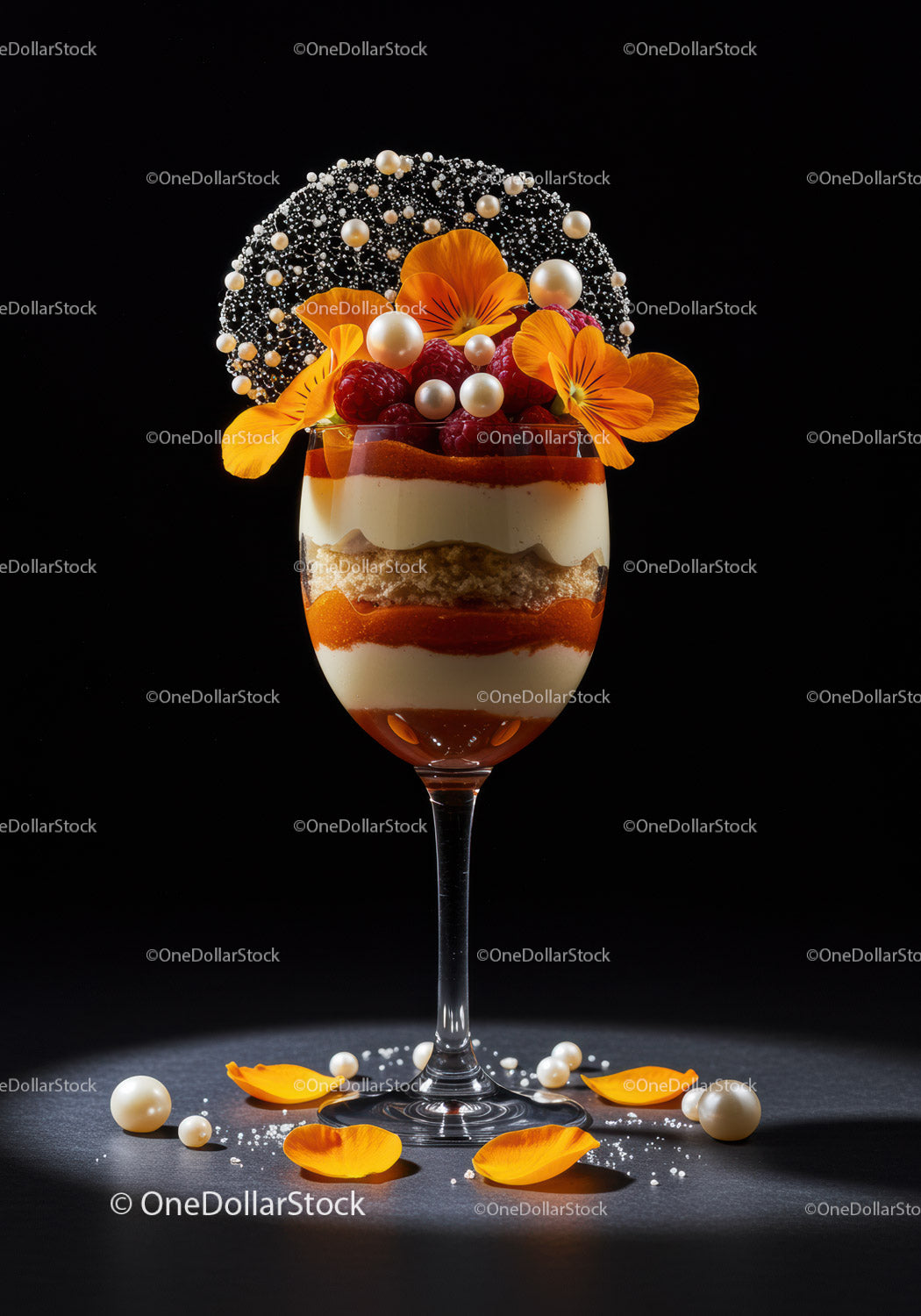 Elegant layered dessert with edible flowers and pearls