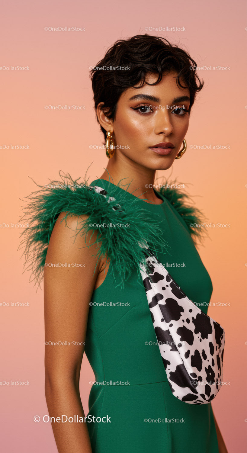 Elegant Modern Woman in Green Dress with Animal Print Accent