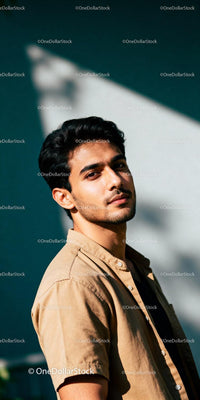 Young man standing in sunlight with contemplative expression