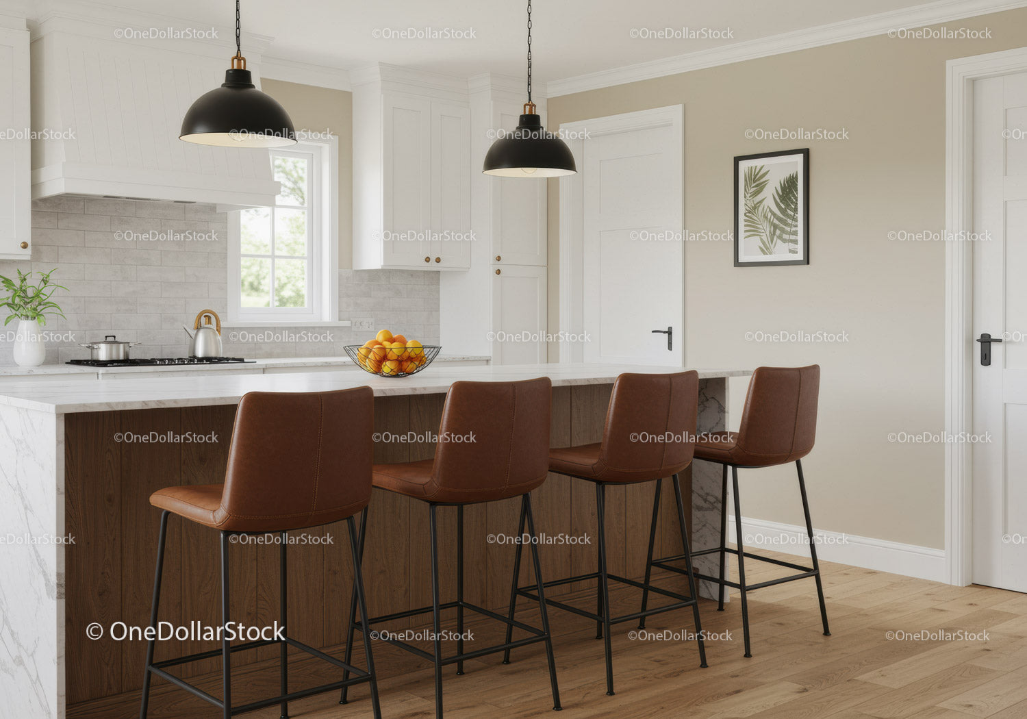 Contemporary Kitchen with Leather Bar Stools and Marble Countertop