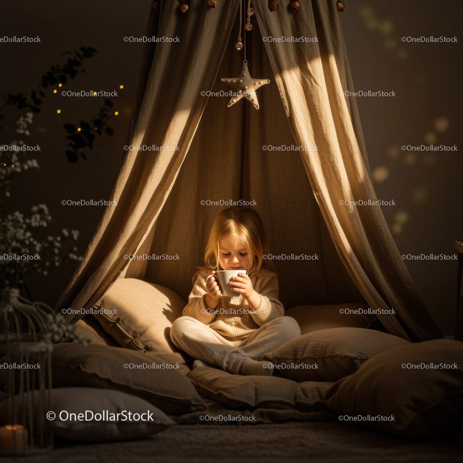 Little girl enjoying a warm drink in cozy tent nook