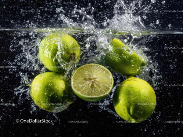 Fresh Green Limes Splashed with Water on a dark background