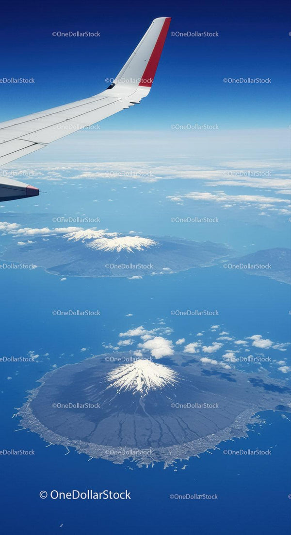 Aerial View of Snow-Capped Mountain and Volcanic Island from Airplane