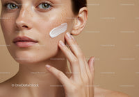 Close-Up of Freckled Woman Applying Skincare on Face