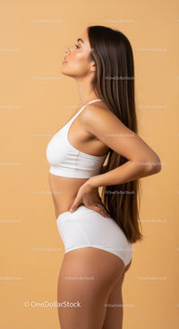 Elegant Woman in White Sportswear in Profile on Beige Background