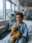 Happy Young Boy in Hospital Room Holding Teddy Bear