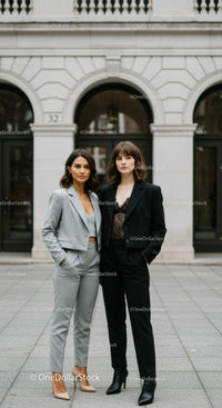 Two Stylish Women in Business Suits Standing on City Street