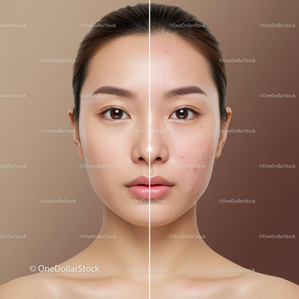 Zbliżenie na młodą kobietę z czystą skórą i wypryskami trądzikowymi