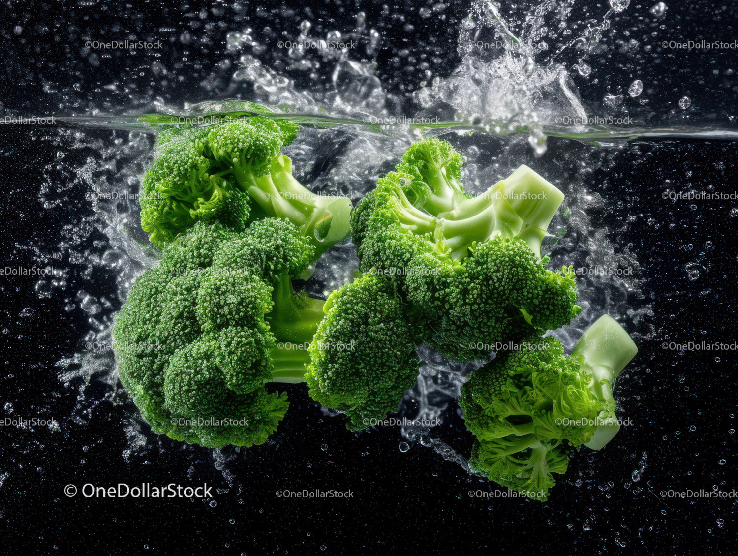 Fresh Green Broccoli Florets with Water Splash in Food Photography