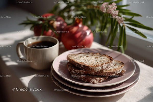 Fresh Sliced Bread with Coffee and Pomegranate on a Cozy Breakfast Table