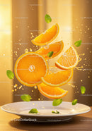 Fresh Orange Slices and Mint Leaves Splashing on Plate