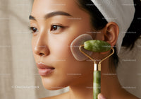 Close-up of Woman Facial Massage Using Jade Roller with Natural Skincare Ambiance