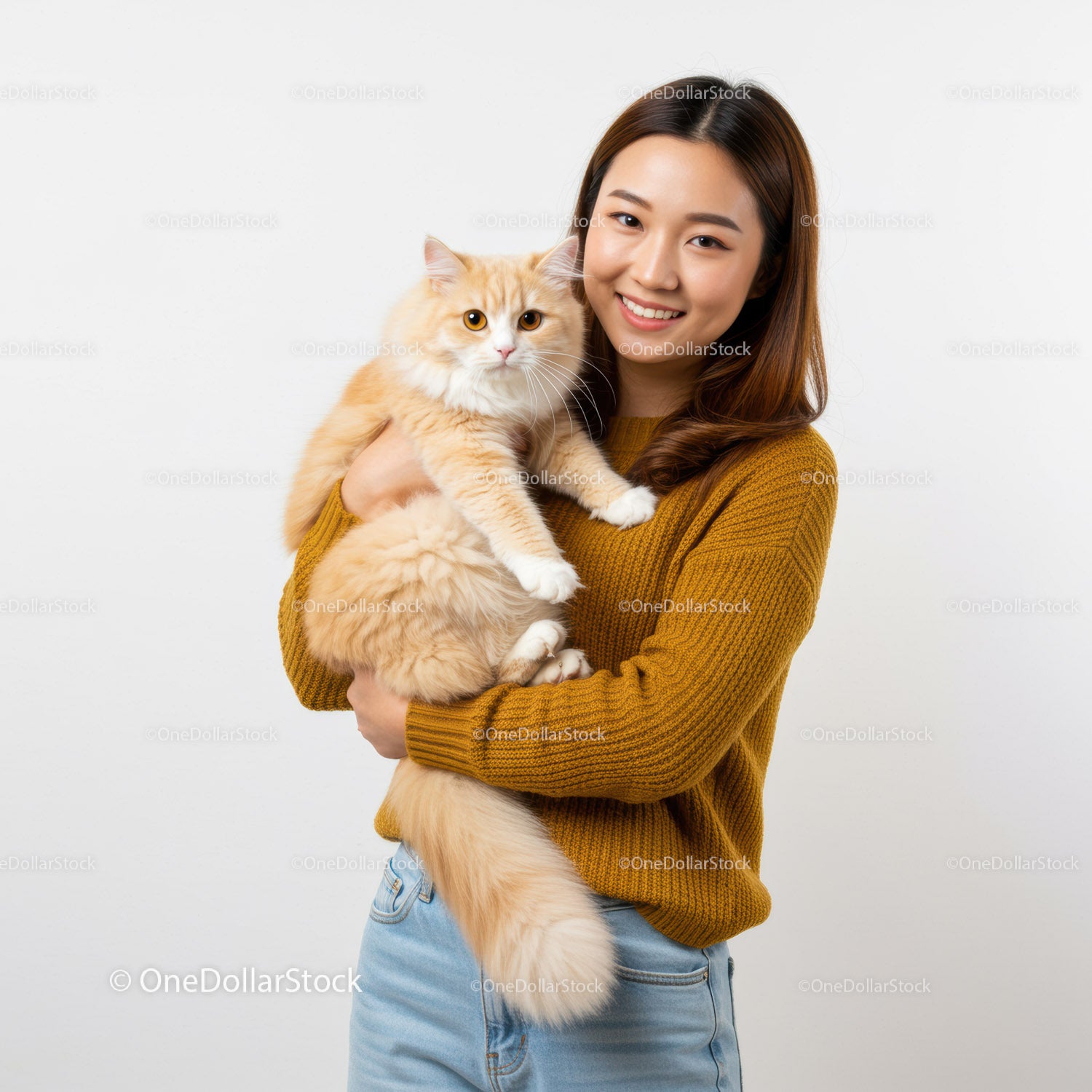 Smiling woman holding fluffy cream cat indoors