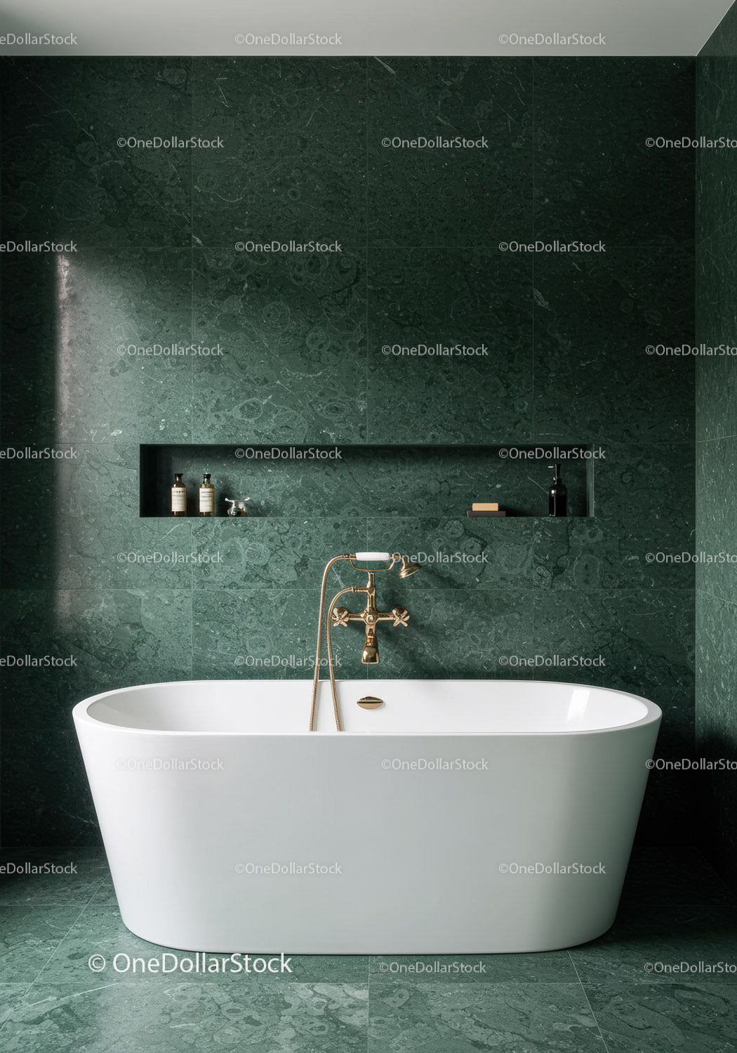 Luxurious Green Marble Bathroom with White Freestanding Bathtub