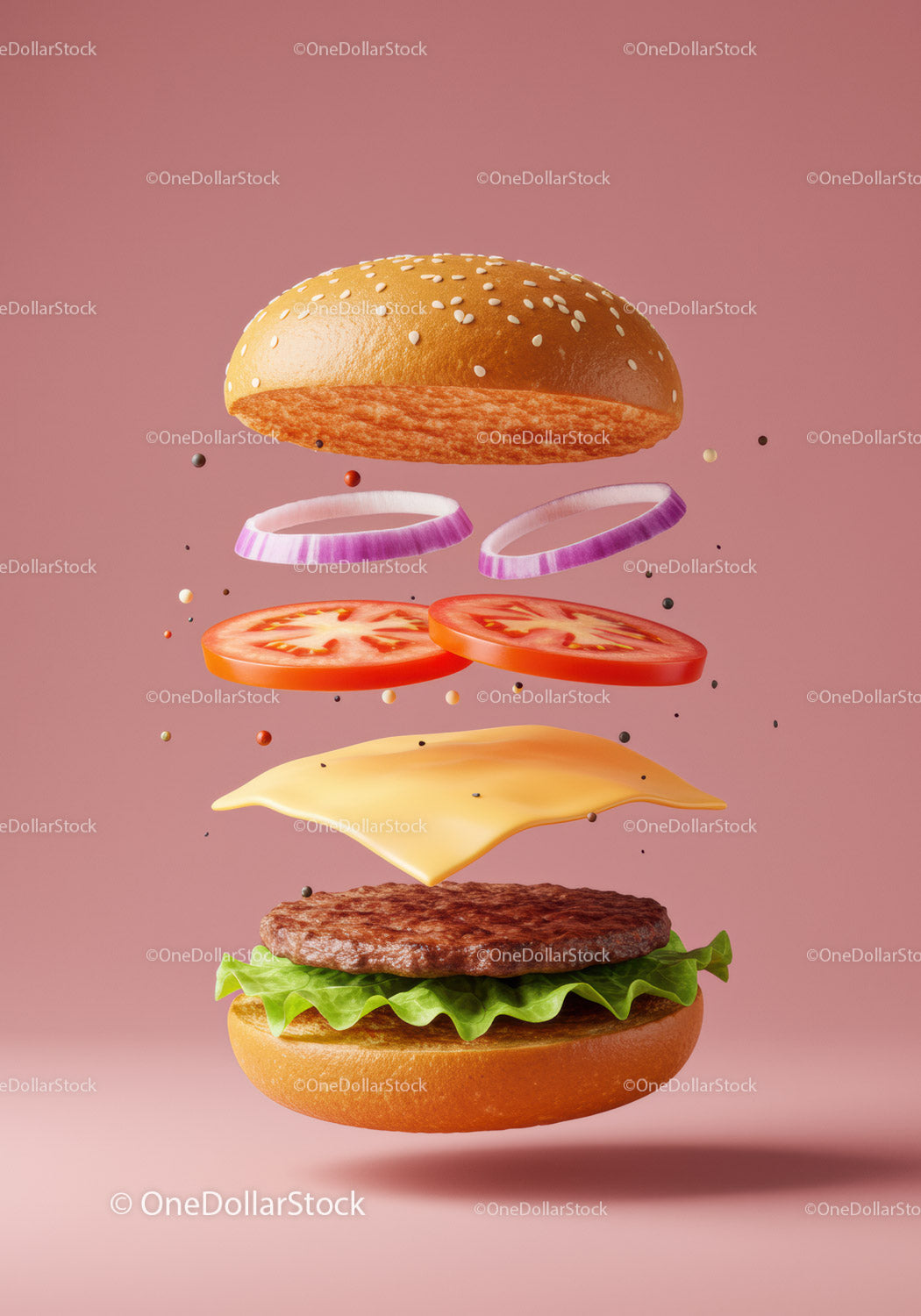 Floating Classic Cheeseburger Ingredients on Pink Background