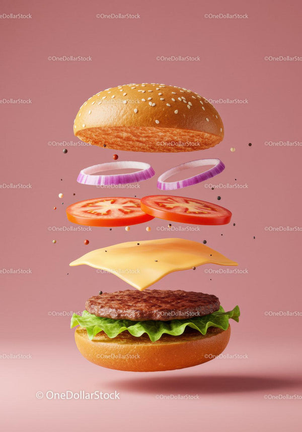Floating Classic Cheeseburger Ingredients on Pink Background