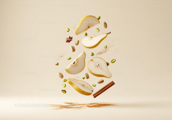 Fresh pear slices with spices and pistachios floating