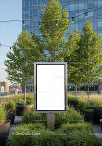 Blank vertical advertising board in urban garden setting