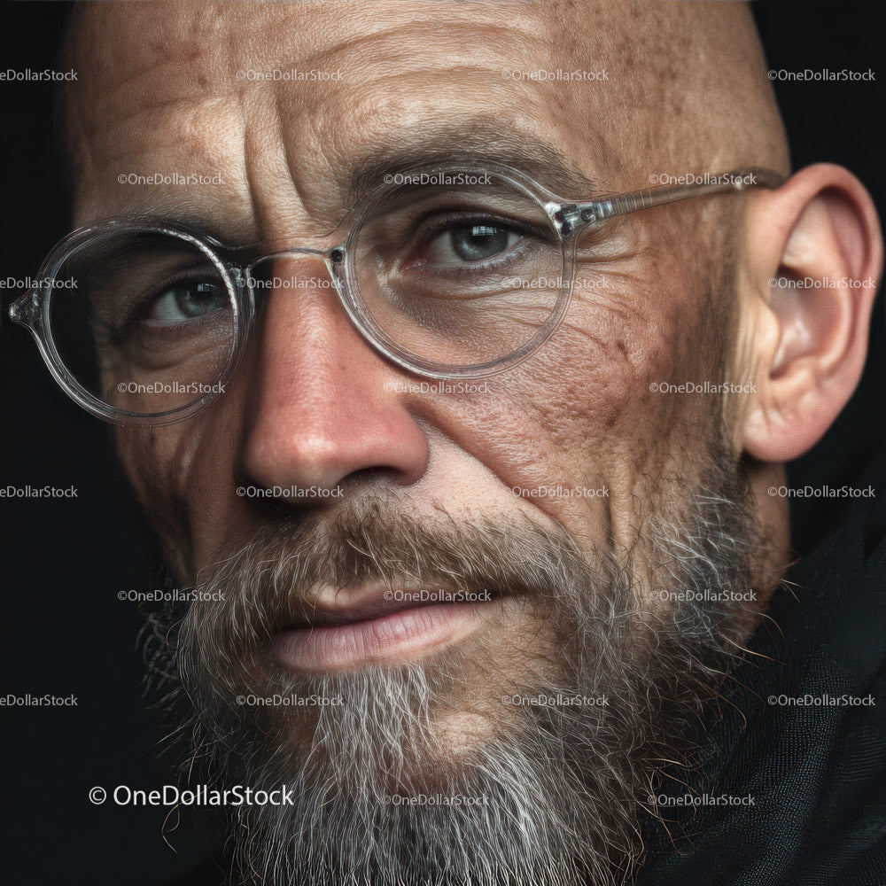 Portret pewnego siebie brodatego mężczyzny w okularach