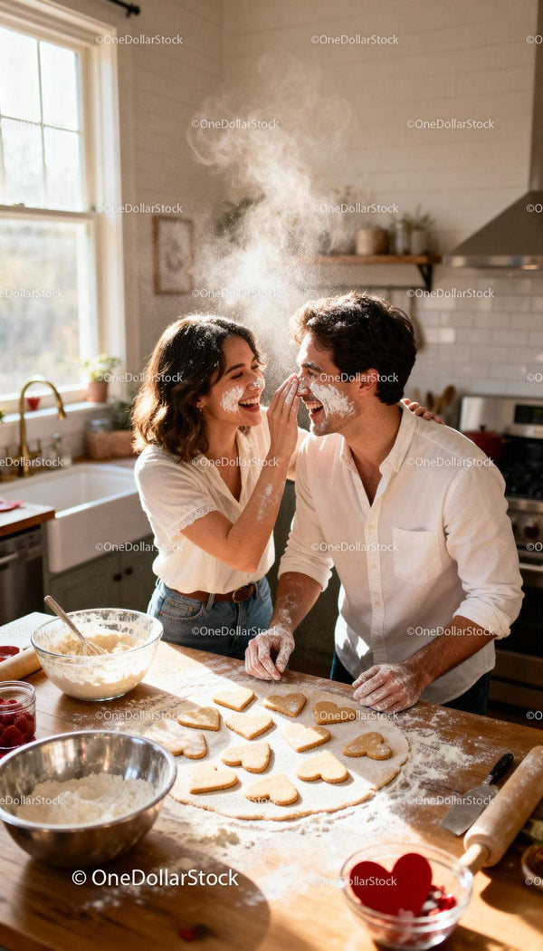 Couple Playfully Baking Heart Shaped Cookies Together