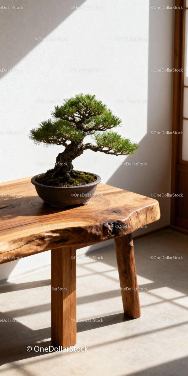 Miniaturowe drzewko bonsai sosny na naturalnym drewnianym stole w pomieszczeniu