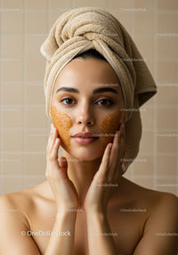 Woman with Towel Wrap Applying Facial Mask in Spa Setting