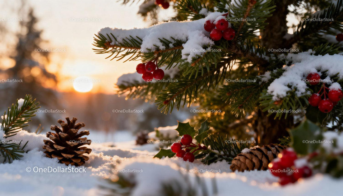 Snowy pine branches with red berries at golden sunset