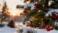Snowy pine branches with red berries at golden sunset