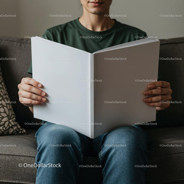 Person Holding Blank Open Book While Sitting on Sofa JPG Mockup Image