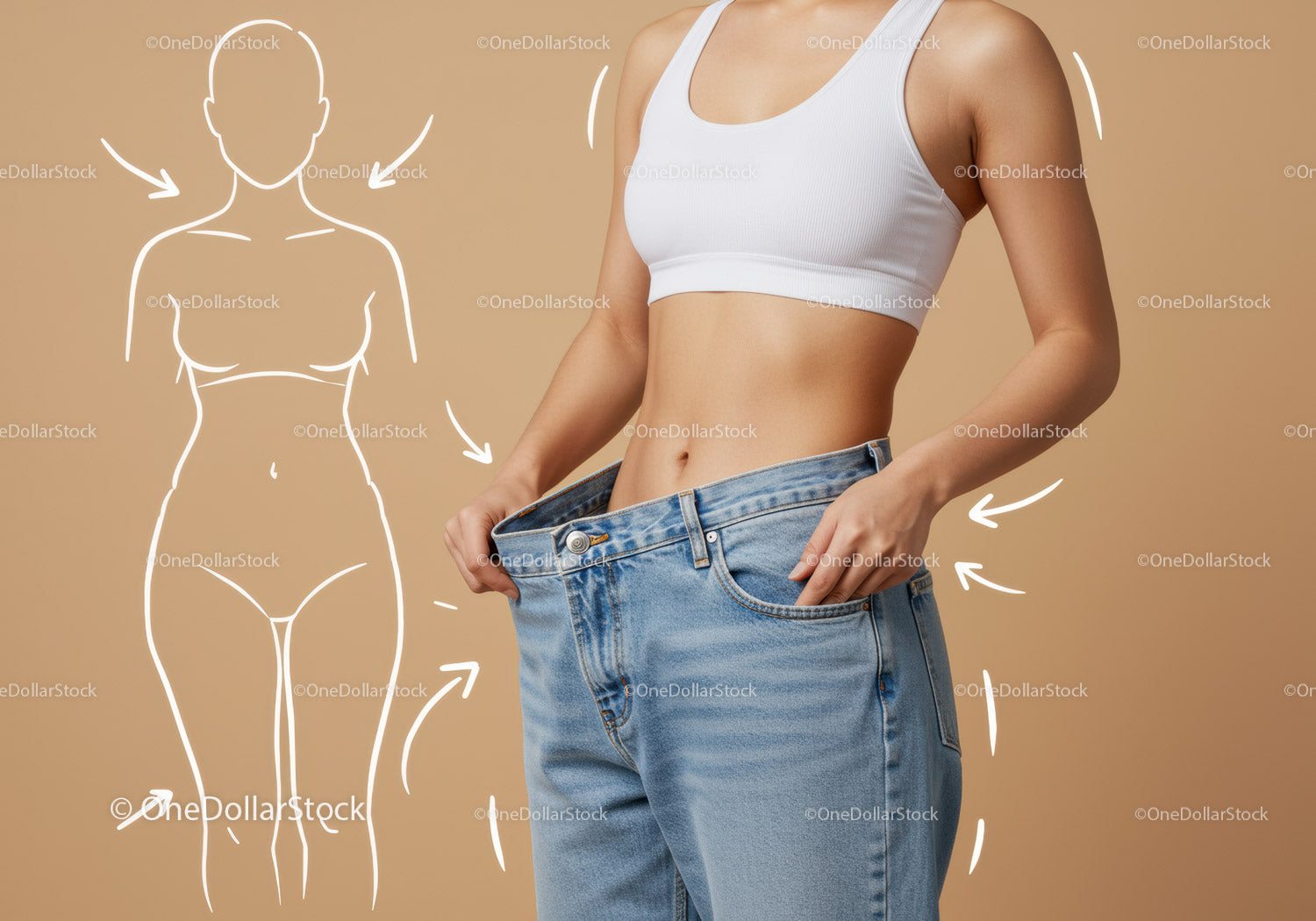 Young Woman in White Crop Top and Loose Jeans Body Measurement Concept