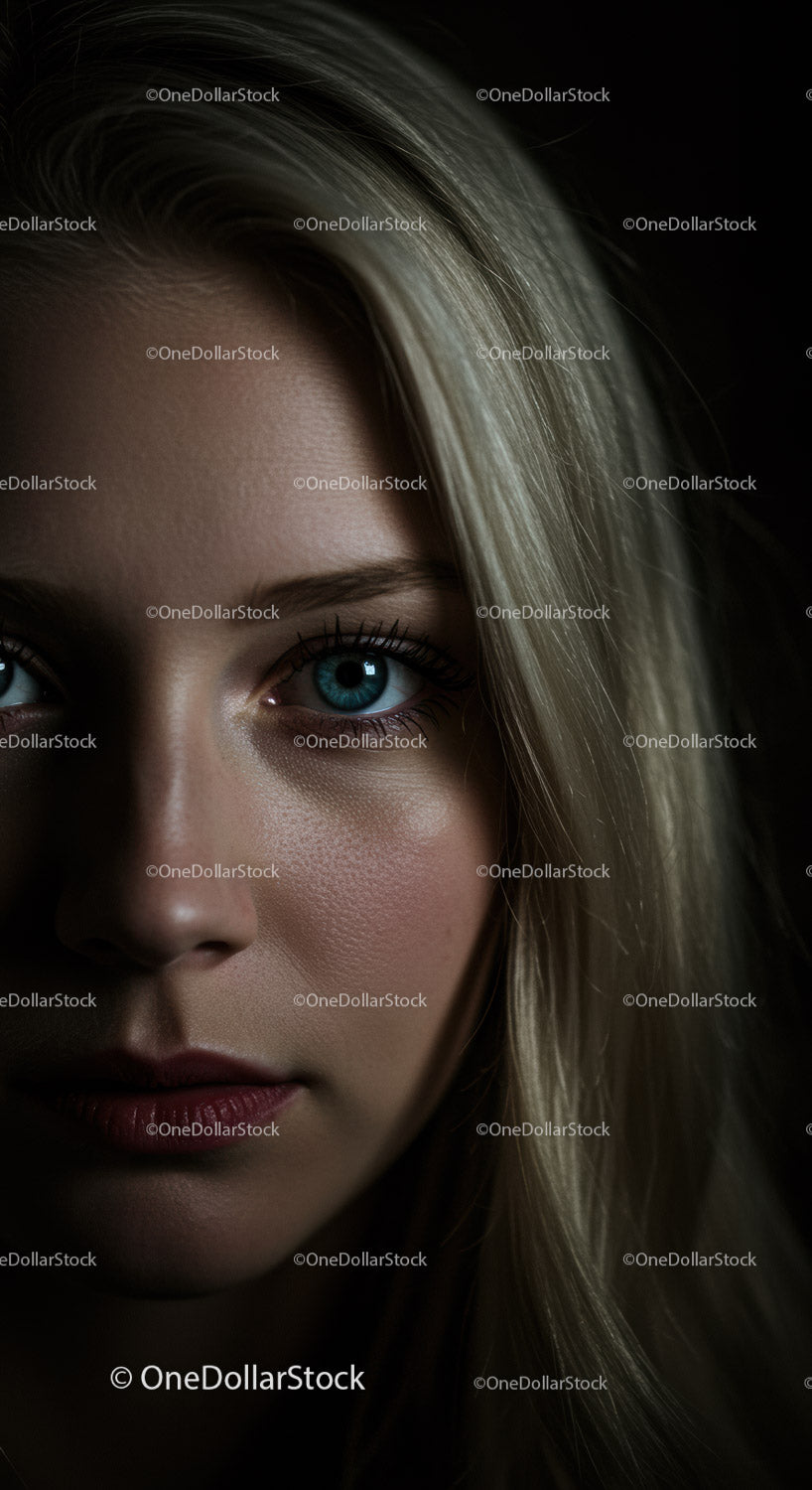 Close up of thoughtful woman with blue eyes and blonde hair