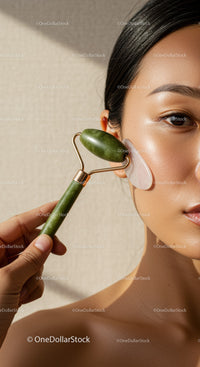 Woman Using Jade Roller for Facial Massage with Beautiful Skin