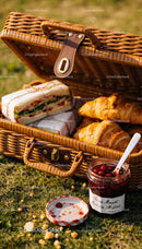 Fresh picnic basket with sandwiches croissants and jam