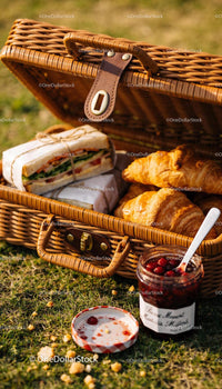 Fresh picnic basket with sandwiches croissants and jam