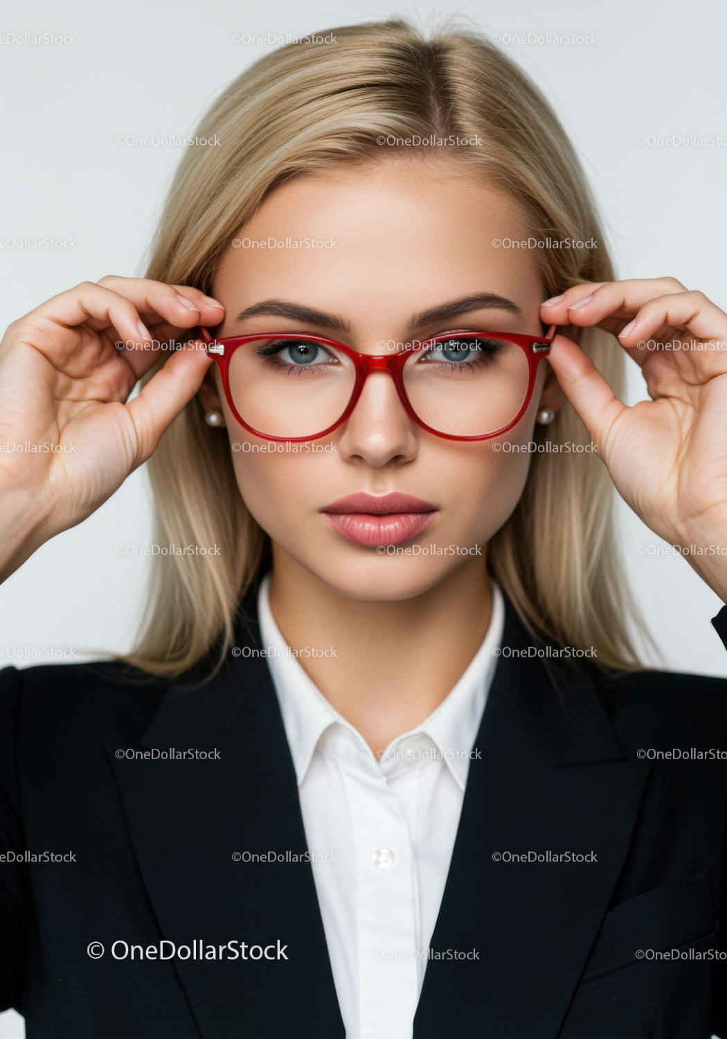 Elegant Businesswoman Adjusting Red Glasses with Confidence