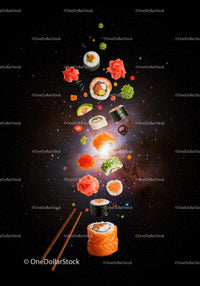 Assorted sushi pieces floating in cosmic space